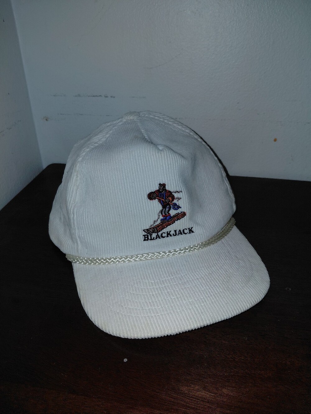 Vintage 80s 90s White Corduroy & Rope Black Jack Ski Destination Snapback Hat